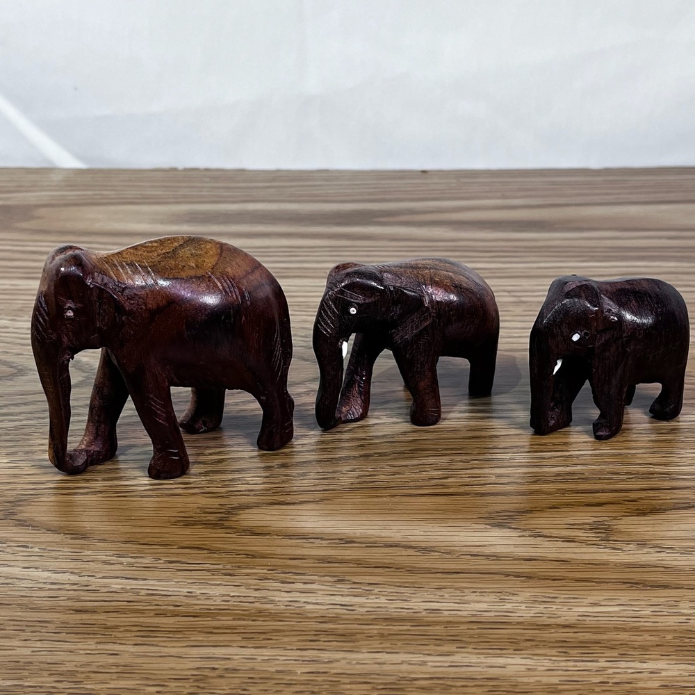 Unbranded Hand Carved Wooden Elephant Figurine Set 3pc Brown Good Boho‎ Decor